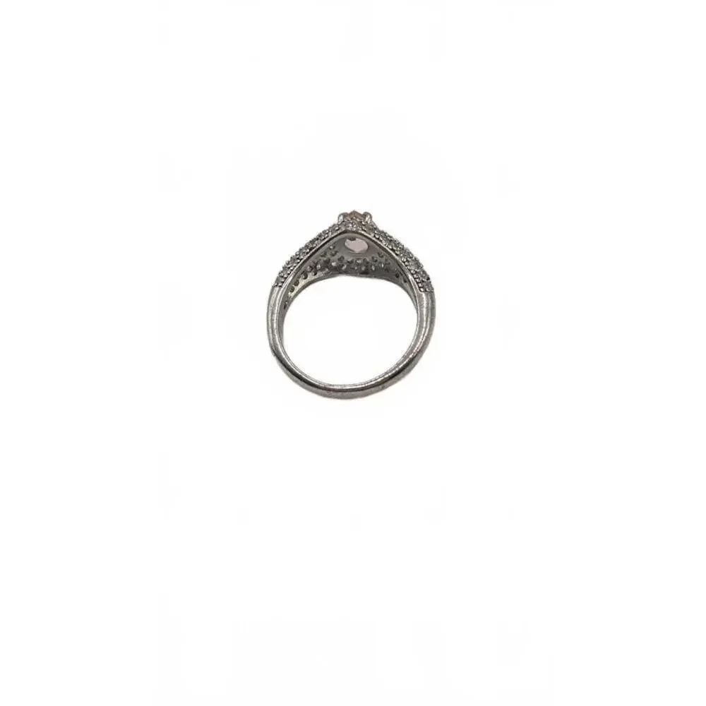 Elegant Silver Ring with Pink Gemstone and Pavé Accent Stones Size 7